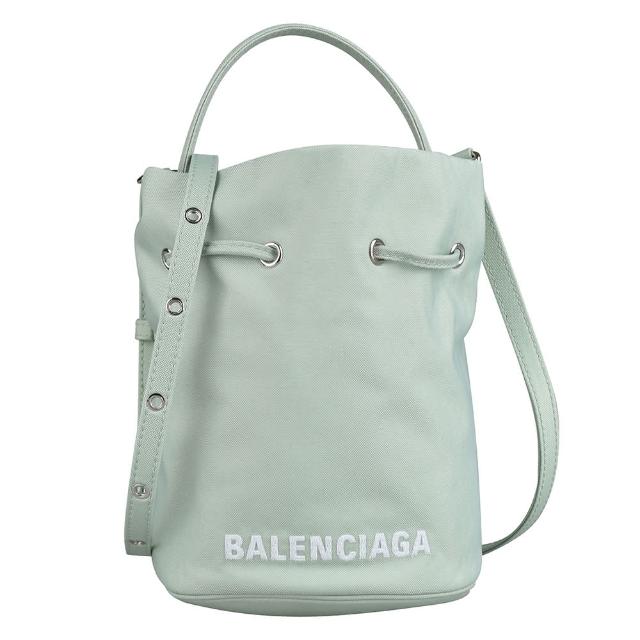 【Balenciaga 巴黎世家】Wheel經典標誌LOGO尼龍手提斜背兩用水桶包(淡綠x白)