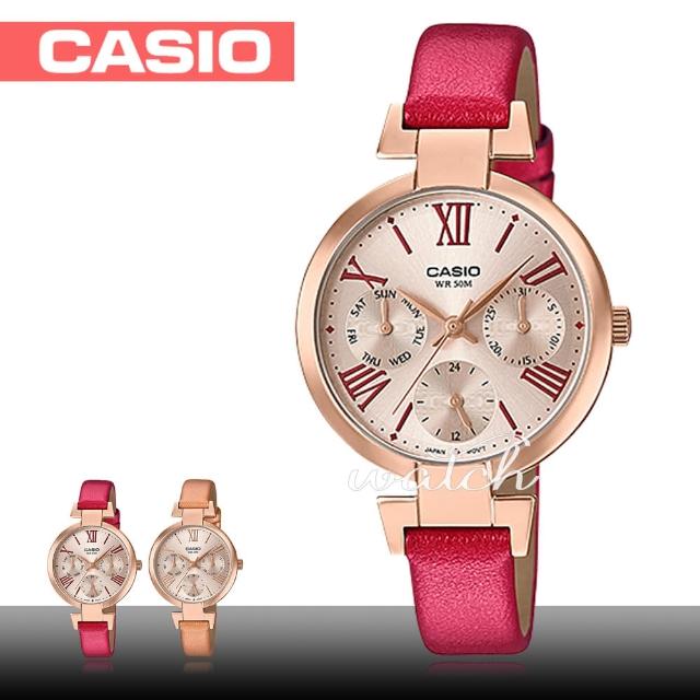 【CASIO 卡西歐】優雅氣質錶款 三眼玫瑰金 皮革石英女錶(LTP-E404PL)