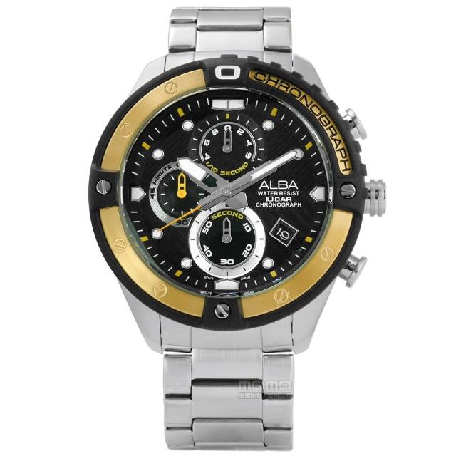 【ALBA】競速霸氣三環計時不鏽鋼手錶 黑金色 46mm(VD57-X071Y.AM3324X1)