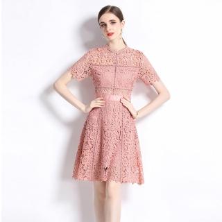 【M2M】玩美衣櫃粉色蕾絲洋裝歐式花邊蕾絲連身裙S-2XL