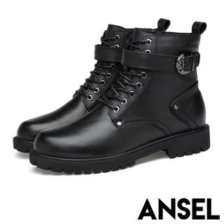【ANSEL】真皮時尚皮帶釦飾造型個性馬丁靴-男鞋(黑)