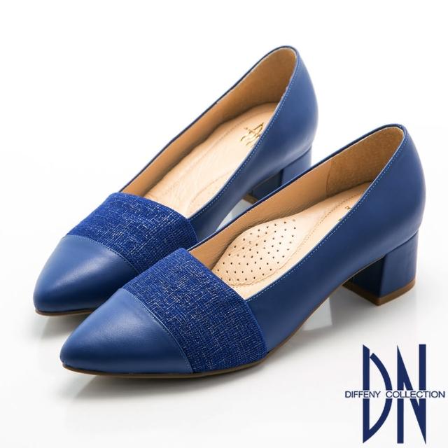 【DN】優雅OL   典雅金屬絲紋尖頭低跟鞋(藍)