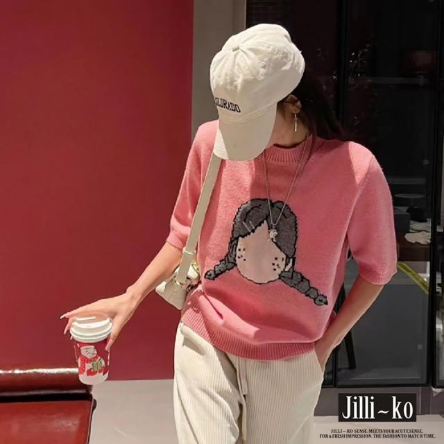 【JILLI-KO】辮子女孩圖案休閒冰絲針織衫-F(黑/粉)