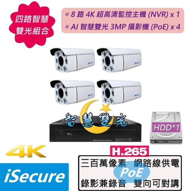 【iSecure】四路智慧雙光監視器基本款:一部八路 4K 超高清監控主機+四部智慧雙光 3MP 子彈型攝影機(PoE)