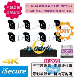 【iSecure】八路星光全彩DIY監視器基本款:一部八路 4K 監控主機+八部星光全彩 3MP 子彈型攝影機(PoE)
