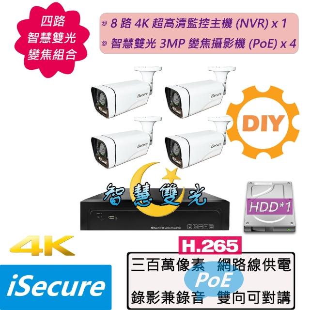 【iSecure】四路智慧雙光變焦DIY監視器基本款:一部八路 4K 監控主機+四部 3MP 變焦子彈型攝影機(PoE)