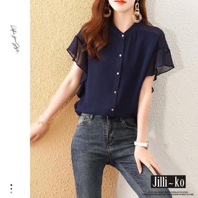 【JILLI-KO】薄款時尚通勤荷葉袖雪紡襯衫-F(深藍)