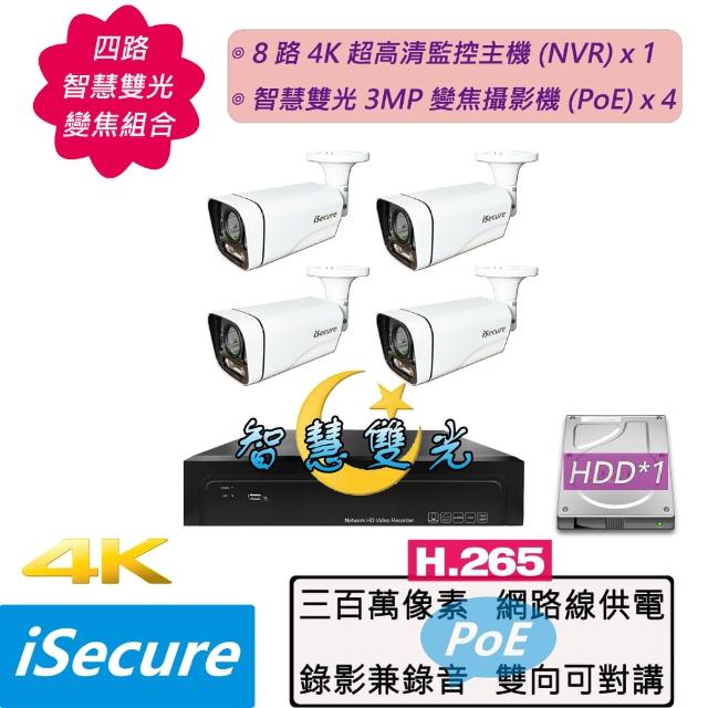 【iSecure】四路智慧雙光變焦監視器基本款:一部八路 4K 超高清監控主機+四部 3MP 變焦子彈型攝影機(PoE)