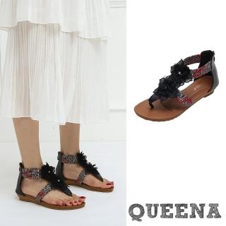 【QUEENA】低跟涼鞋 T字涼鞋/波西米亞民族風蕾絲花朵印花線繩T字低跟涼鞋(黑)