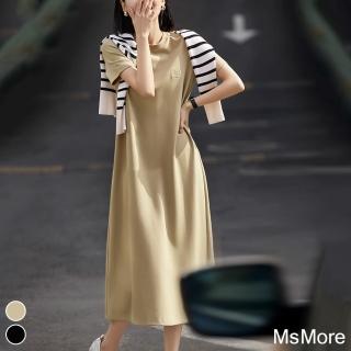 【MsMore】巴黎夜曲連身裙短袖優雅簡約圓領純色長版洋裝#118117(黑/卡其)