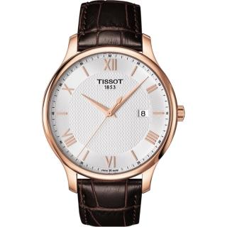 【TISSOT】Tradition 羅馬經典大三針石英腕錶-玫瑰金框x咖啡/42mm 送行動電源 畢業禮物(T0636103603800)