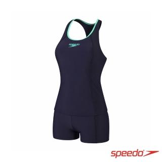 【SPEEDO】女 運動兩件式平口泳裝(深藍/綠)