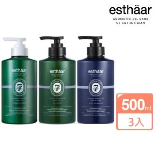 【Esthaar 愛絲卡】韓國植萃精油洗護髮500mlX3瓶(健髮修護+薄荷醇涼感+精油護髮素)