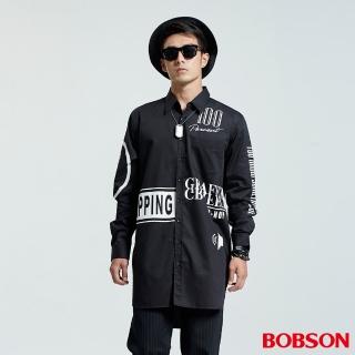 【BOBSON】男款長型寬版印圖襯衫(黑35048-88)