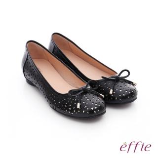 【effie】都會舒適 全真皮鏤空金箔蝴蝶結飾平底鞋(黑)