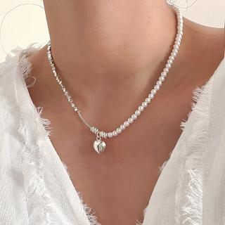 【SUMMER一夏】韓國設計珍珠拼接金屬碎銀子立體愛心輕奢甜美項鍊(ins韓風)
