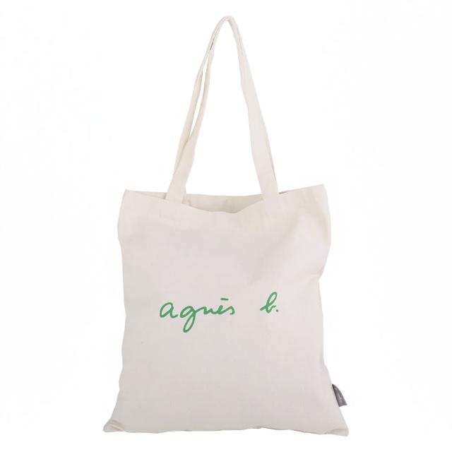 【agnes b.】綠標agnes b.草寫字母帆布直式手提購物包(米白)