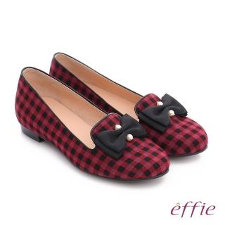 【effie】都會舒適 全真皮豔彩格紋拼接珍珠蝴蝶低跟鞋(紫紅)