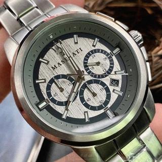 【MASERATI 瑪莎拉蒂】MASERATI手錶型號R8873621006(槍灰藍錶面銀錶殼銀色精鋼錶帶款)