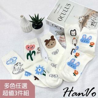【HanVo】現貨 文藝卡通塗鴉插畫中筒襪 日系創意圖案舒適棉質襪(任選3入組合 6237)