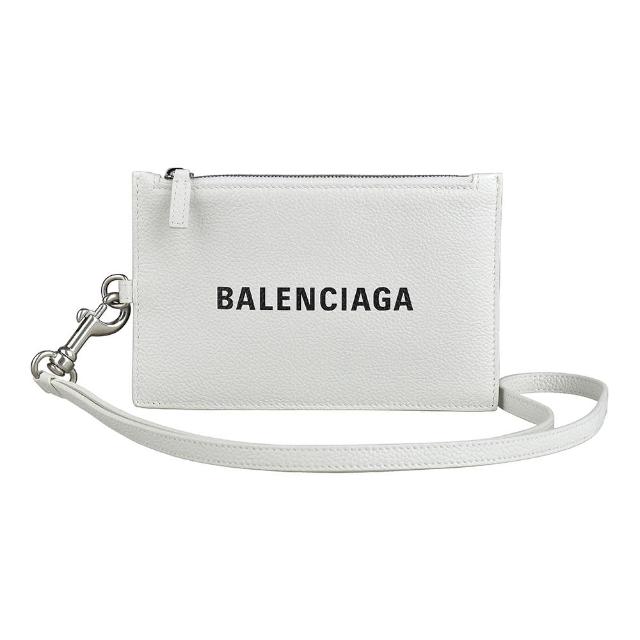 【Balenciaga 巴黎世家】BALENCIAGA燙印黑字LOGO小牛皮拉鍊勃掛零錢卡夾包(白)