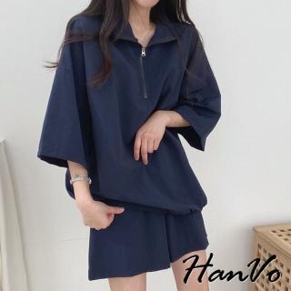 【HanVo】現貨 拉鍊休閒寬鬆運動風短袖套裝(透氣涼感親膚拉鍊領套裝 韓系時尚套裝 5966)