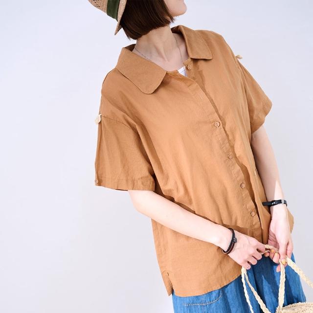 【JILLI-KO】慢生活-側袖織帶純色開扣寬版棉質襯衫-F(卡/杏)