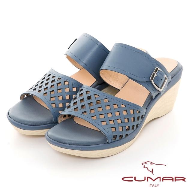 【CUMAR】鏤空皮革楔型涼鞋楔型涼拖鞋(藍色)