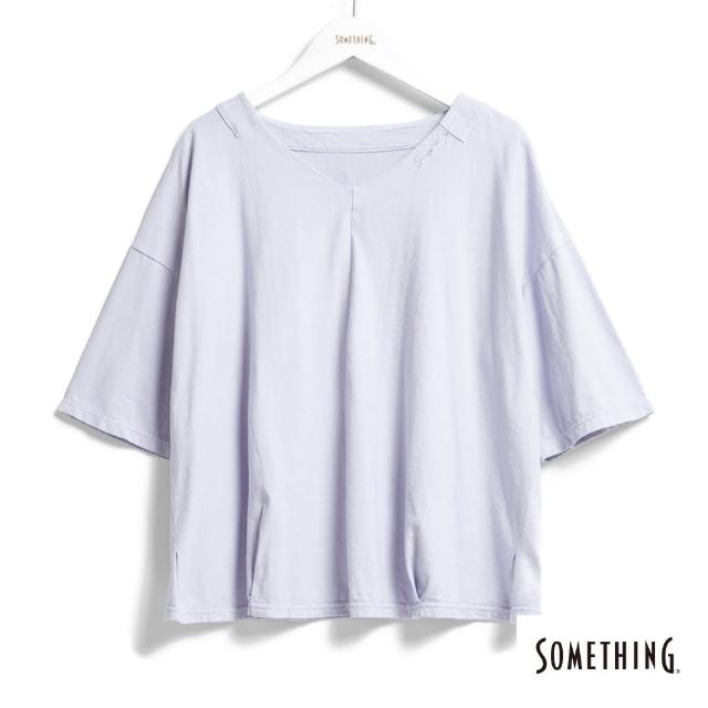 【SOMETHING】女裝 V領LOGO後染短袖T恤(粉紫色)