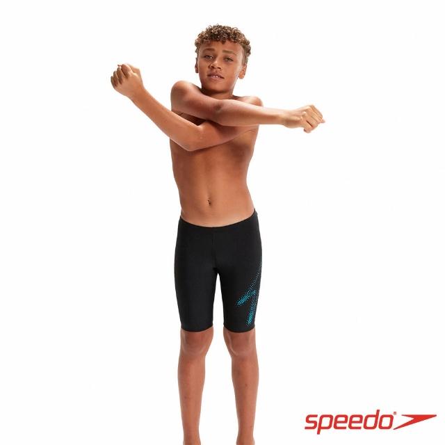 【SPEEDO】男孩 運動及膝泳褲 Boom Logo(黑/藍)