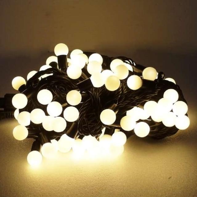【摩達客-聖誕裝飾品特賣】聖誕燈100燈LED圓球珍珠燈串(插電式/暖白光黑線/ 附控制器跳機 高亮度又省電)
