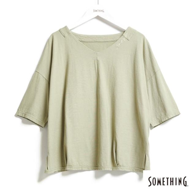 【SOMETHING】女裝 V領LOGO後染短袖T恤(灰綠色)