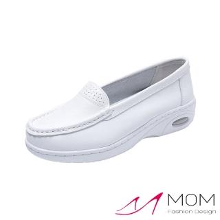【MOM】真皮休閒鞋 厚底休閒鞋/真皮極簡素面舒適氣墊厚底休閒鞋 護士鞋(白)
