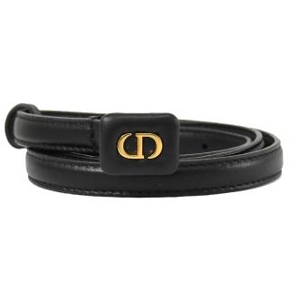 【Dior 迪奧】Christian Dior 品牌金屬字母CD釦飾超窄版穿扣式皮帶(黑)