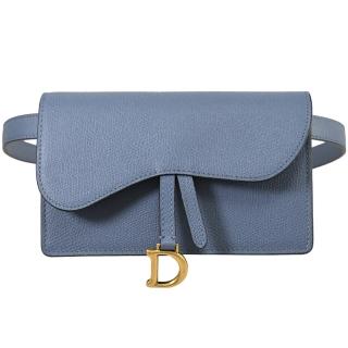 【Dior 迪奧】Christian Dior 品牌字母D吊飾小牛皮翻蓋迷你腰包(丹寧藍)