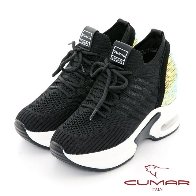 【CUMAR】厚底氣墊飛織布彈力休閒鞋(黑色)