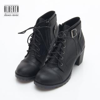 【Alberta】MIT台灣製 歐洲秋冬個性靴款 側拉鍊綁帶 粗中跟6.5cm 短靴 踝靴 踝靴(黑)