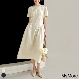 【MsMore】法式通勤棉質褶皺氣質連身裙短袖圓領長版洋裝#118123(米/深藍)