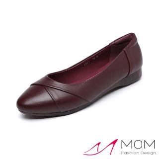 【MOM】真皮平底鞋 尖頭平底鞋/真皮小尖頭軟底折線設計平底鞋(酒紅)