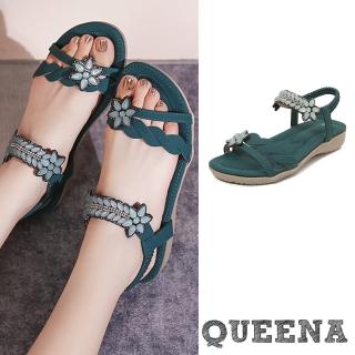 【QUEENA】厚底涼鞋 坡跟涼鞋/華麗水晶美鑽花朵造型舒適坡跟厚底涼鞋(綠)