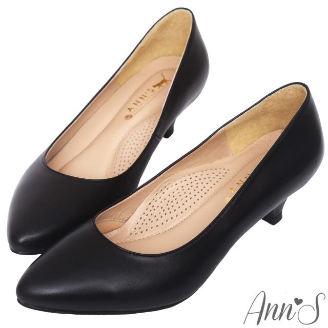 【Ann’S】知性簡約-全真羊皮氣墊尖頭低跟包鞋-版型偏小(黑)
