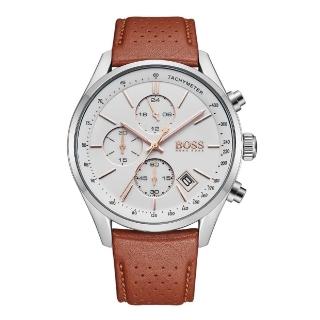 【HUGO BOSS】HB1513475 德式競速計時腕錶-三眼多功能-白面x棕色皮革(德式競速計時三眼多功能手錶)