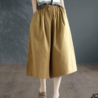 【JC Collection】舒棉寬鬆透氣顯瘦鬆緊腰抽繩雙口袋七分褲裙(黑色、卡其色、綠色)