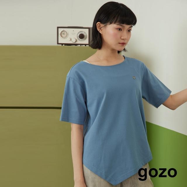 【gozo】gozo金屬標不規則下擺五分袖T恤(藍色)