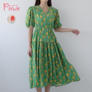 【PINK NEW GIRL】復古法式花卉泡泡袖鬆緊腰短袖洋裝 L5104RD(2色)
