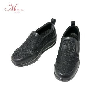 【MIRA】鑲鑽透氣懶人氣墊鞋-黑-W35313T01(休閒鞋/輕量/氣墊鞋/增高鞋/透氣)