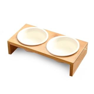 【OSIN】木架寵物陶瓷雙碗 斜面餐碗(貓夠適用)