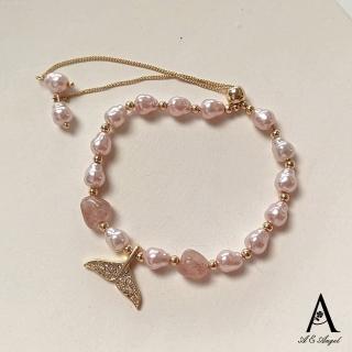 【ANGEL】粉漾人魚珍珠水鑽串珠可調式手鍊(粉色)