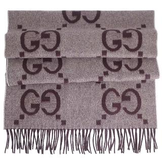 【GUCCI 古馳】雙色雙G標誌厚感100%喀什米爾羊毛圍巾(淺咖/深咖啡色)