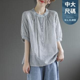 【JILLI-KO】慢生活-復古圓領寬鬆直條紋棉質襯衫-F(灰)